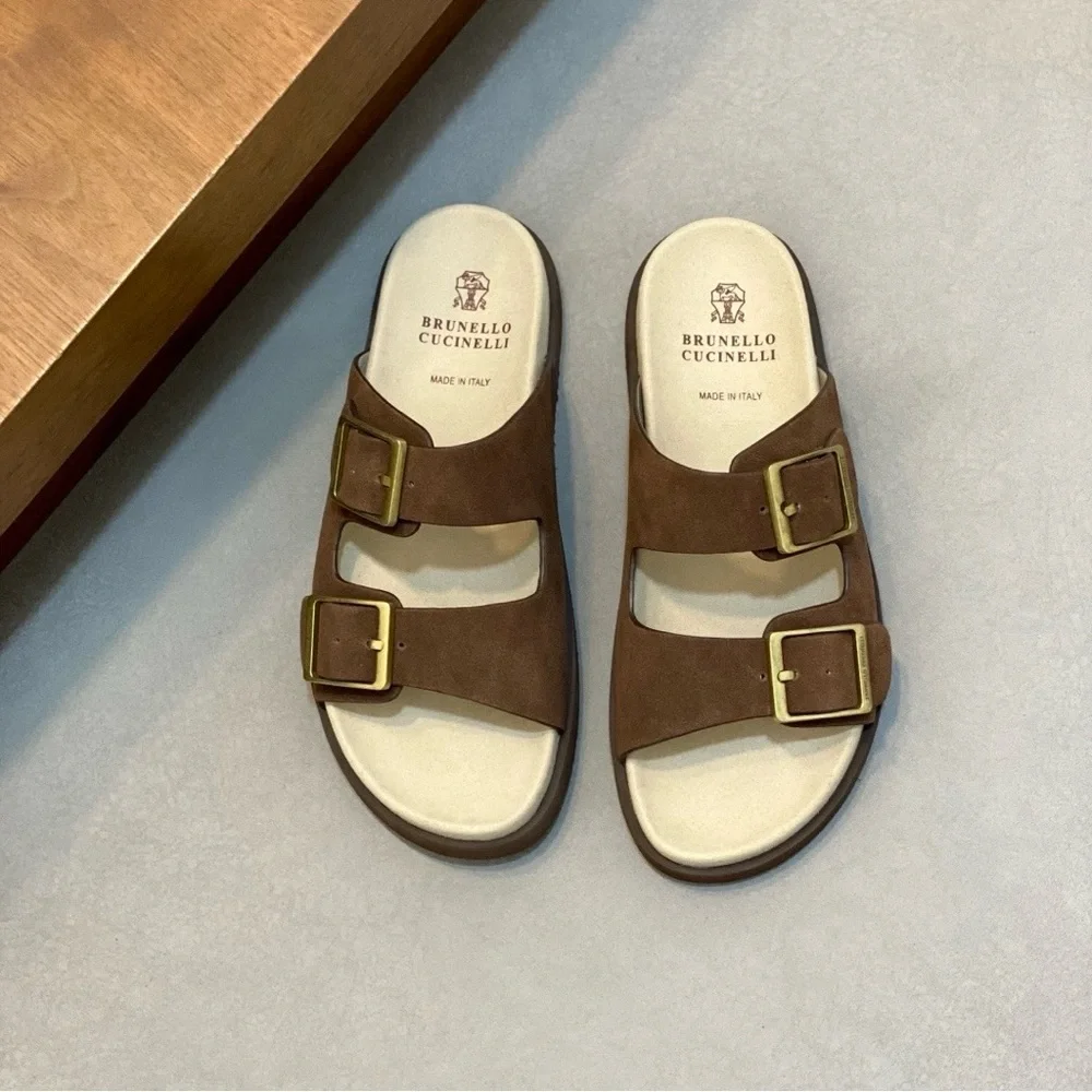 Brunello Cucinelli Brown Suede Double-Strap Buckle Slides with Cream Footbed